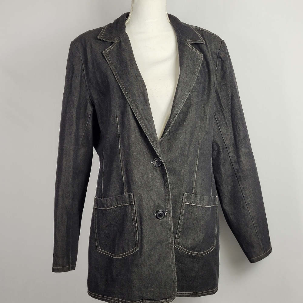 90s Y2k Denim & Co. Dark Jean Denim Trench Coat Size Large W Shoulder Pads
